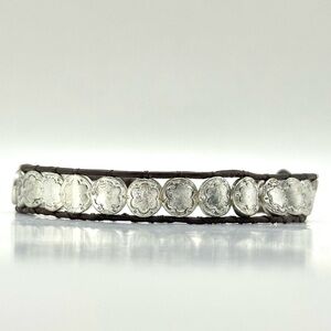 Brown Leather Cord Bracelet w/ Hammered Silvertone Discs